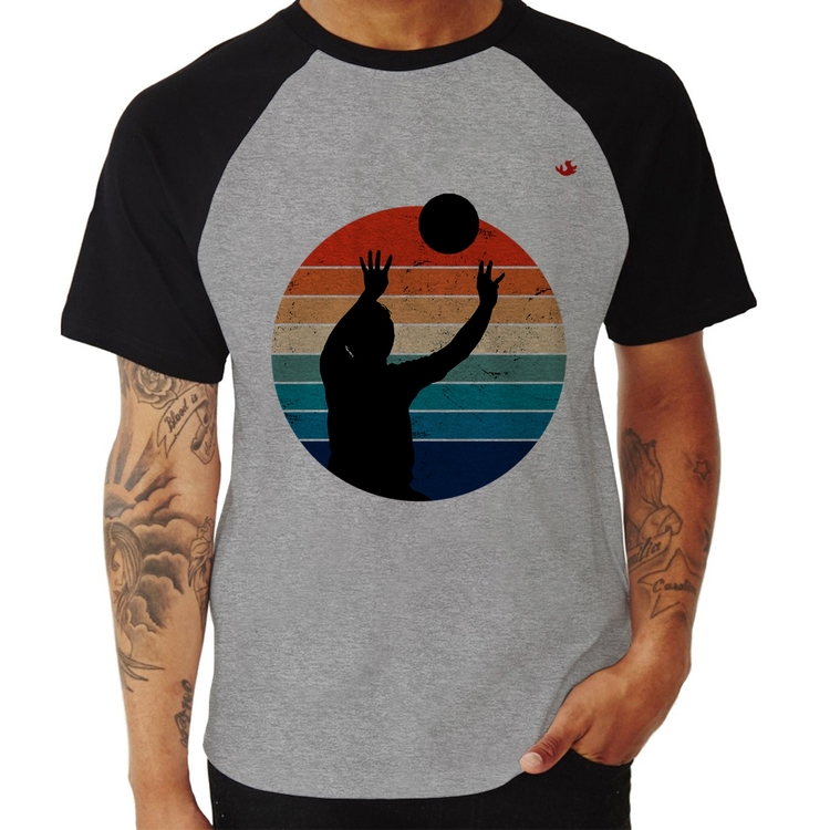 Camiseta Raglan Vôlei Vintage Sunset - Cinza/Preto