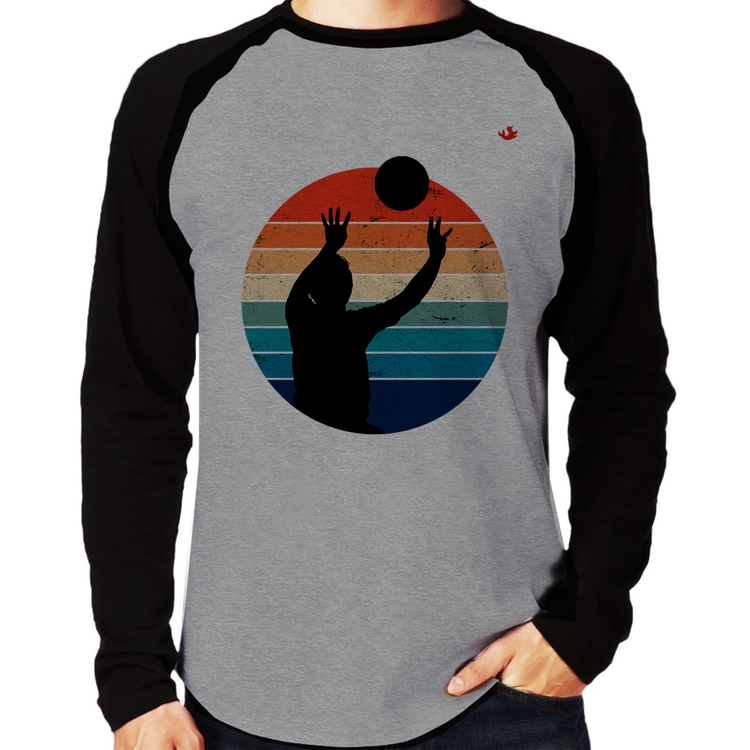 Camiseta Raglan Vôlei Vintage Sunset Manga Longa - Cinza/Preto