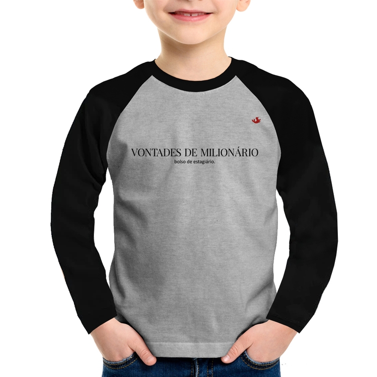 Camiseta Raglan Infantil Vontades de milionário, bolso de estagiário Manga Longa - Cinza/Preto