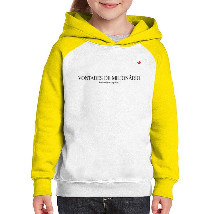 Moletom Infantil Vontades de milionário, bolso de estagiário - Branco/Amarelo