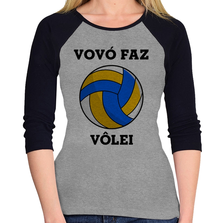 Baby Look Raglan Vovó Faz Vôlei Manga 3/4 - Cinza/Preto