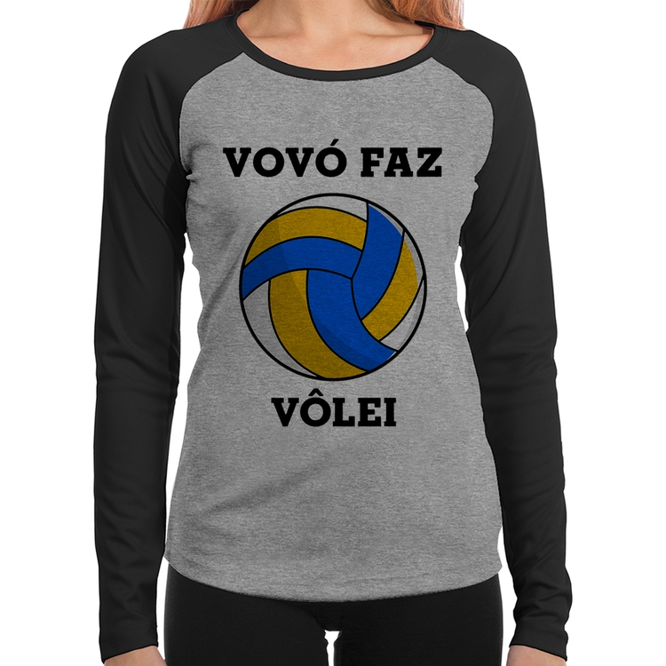 Baby Look Raglan Vovó Faz Vôlei Manga Longa - Cinza/Preto
