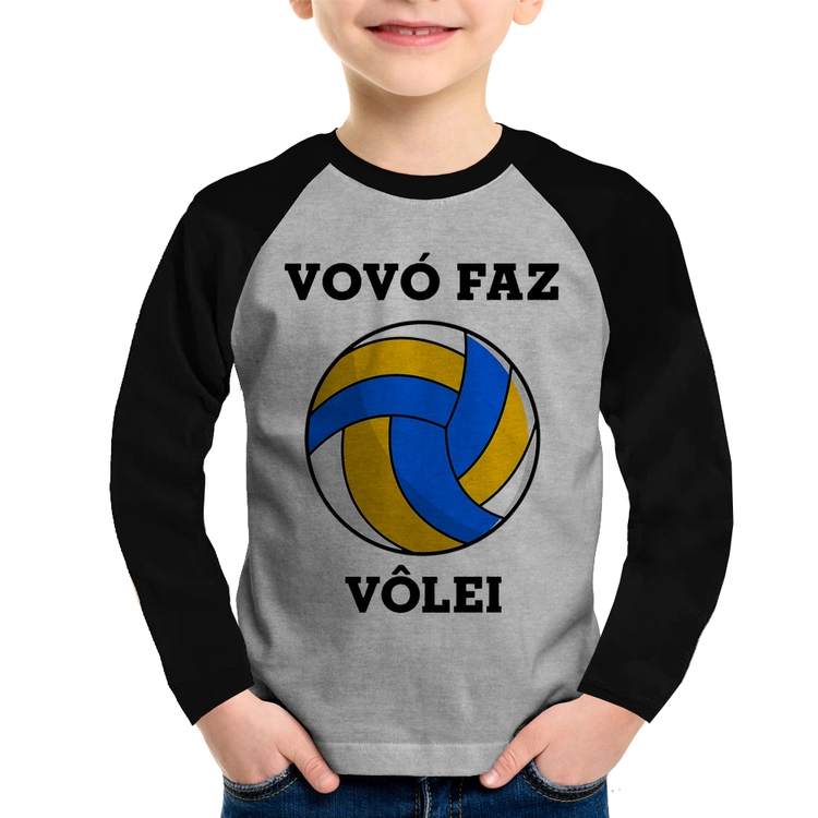 Camiseta Raglan Infantil Vovó Faz Vôlei Manga Longa - Cinza/Preto
