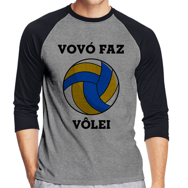 Camiseta Raglan Vovó Faz Vôlei Manga 3/4 - Cinza/Preto