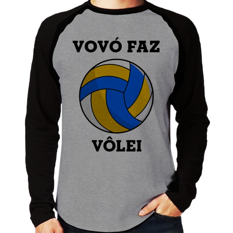 Camiseta Raglan Vovó Faz Vôlei Manga Longa - Cinza/Preto