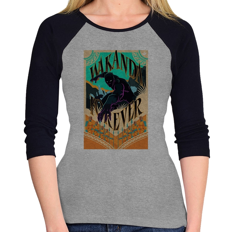 Baby Look Raglan Wakanda Forever Manga 3/4 - Cinza/Preto