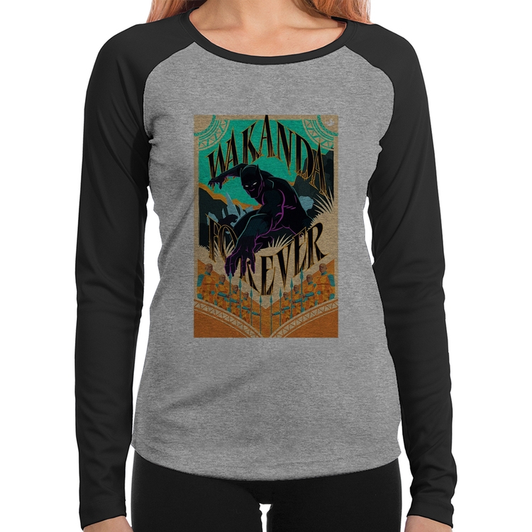 Baby Look Raglan Wakanda Forever Manga Longa - Cinza/Preto