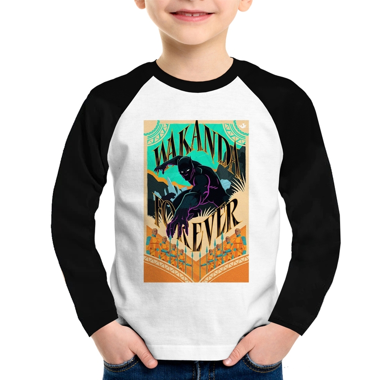 Camiseta Raglan Infantil Wakanda Forever Manga Longa