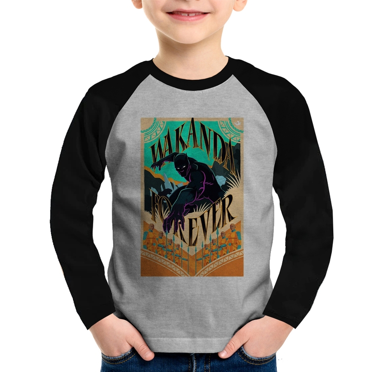 Camiseta Raglan Infantil Wakanda Forever Manga Longa - Cinza/Preto