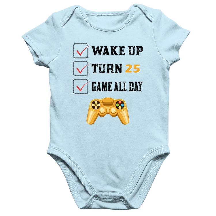 Body Bebê Algodão Wake Up, Turn 25, Game All Day - Azul Bebê