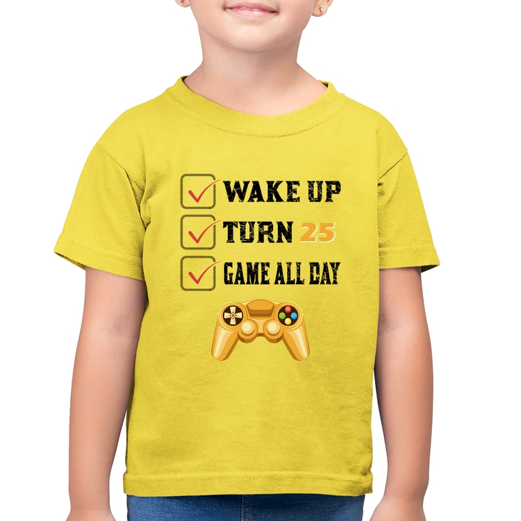 Camiseta Algodão Infantil Wake Up, Turn 25, Game All Day - Amarelo Canário