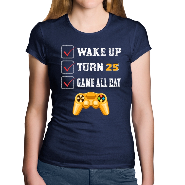 Baby Look Algodão Wake Up, Turn 25, Game All Day - Marinho