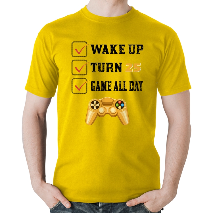 Camiseta Algodão Wake Up, Turn 25, Game All Day - Amarela