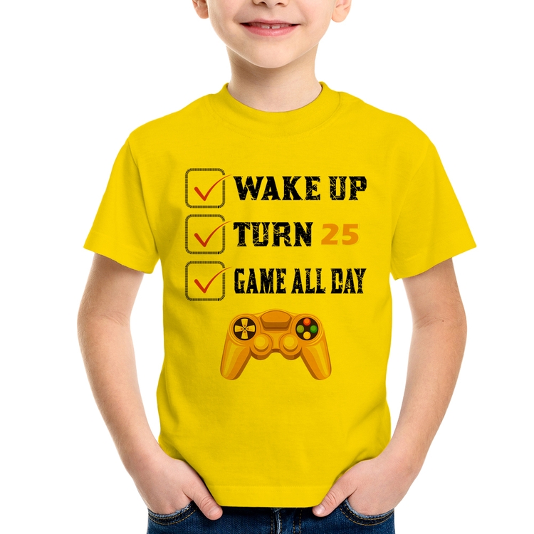 Camiseta Infantil Wake Up, Turn 25, Game All Day - Amarela