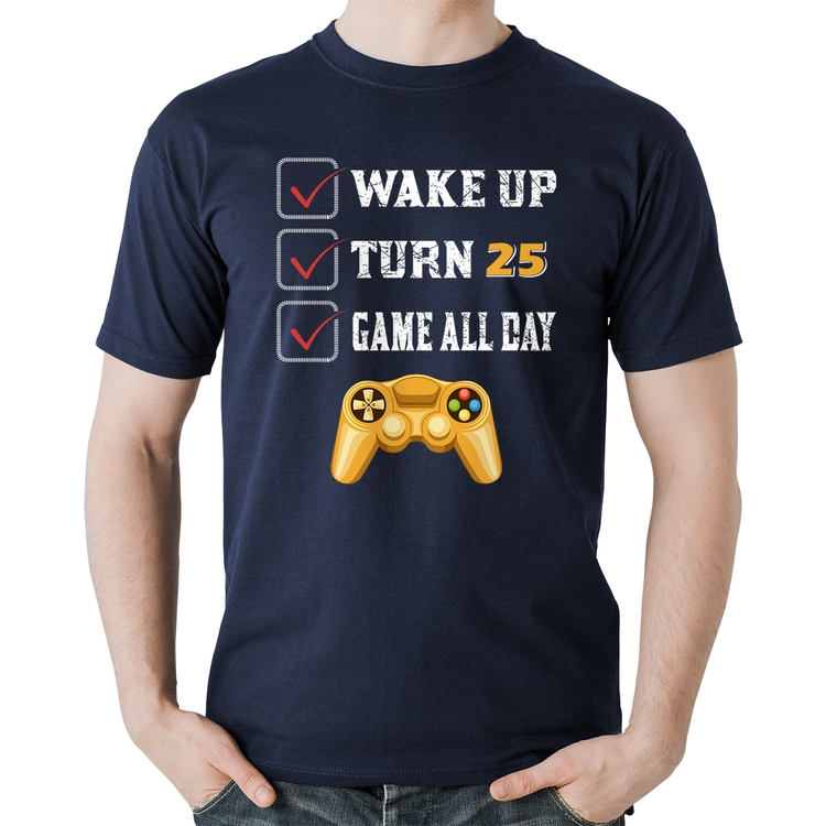 Camiseta Algodão Wake Up, Turn 25, Game All Day - Marinho