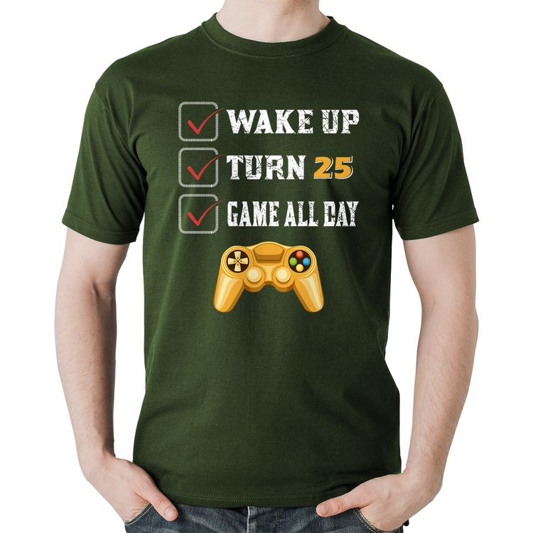 Camiseta Algodão Wake Up, Turn 25, Game All Day - Musgo