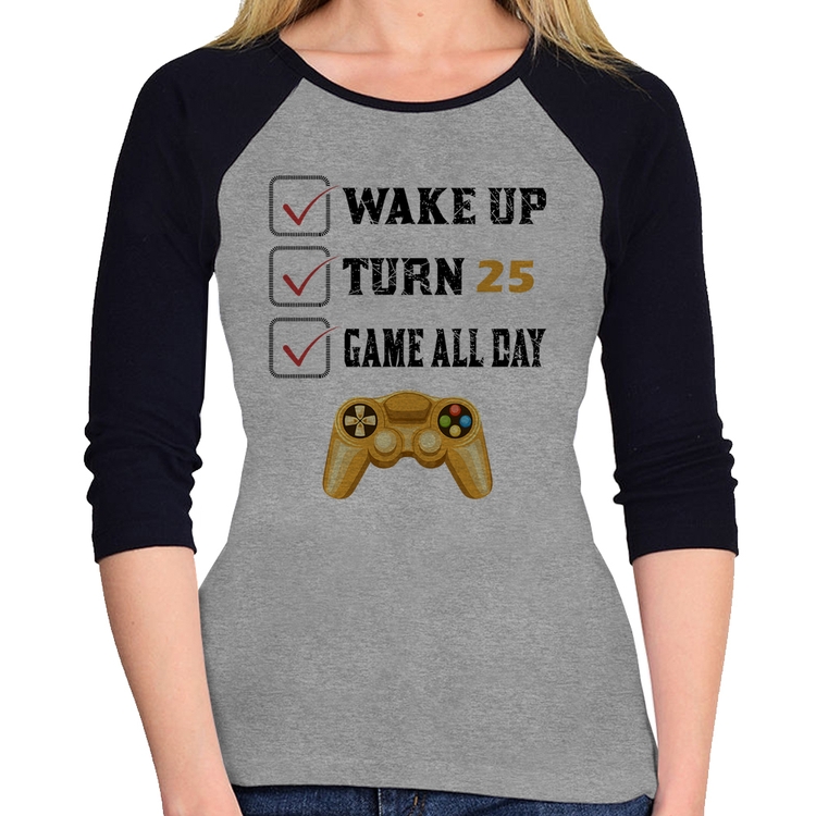 Baby Look Raglan Wake Up, Turn 25, Game All Day Manga 3/4 - Cinza/Preto