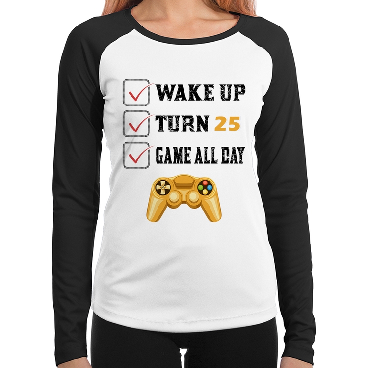 Baby Look Raglan Wake Up, Turn 25, Game All Day Manga Longa