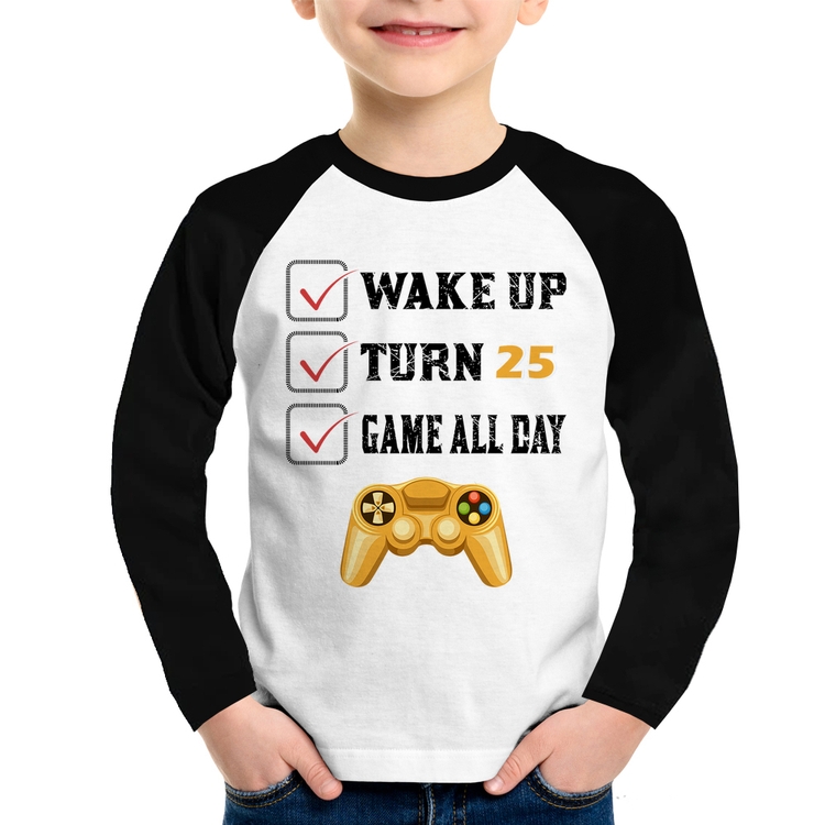 Camiseta Raglan Infantil Wake Up, Turn 25, Game All Day Manga Longa