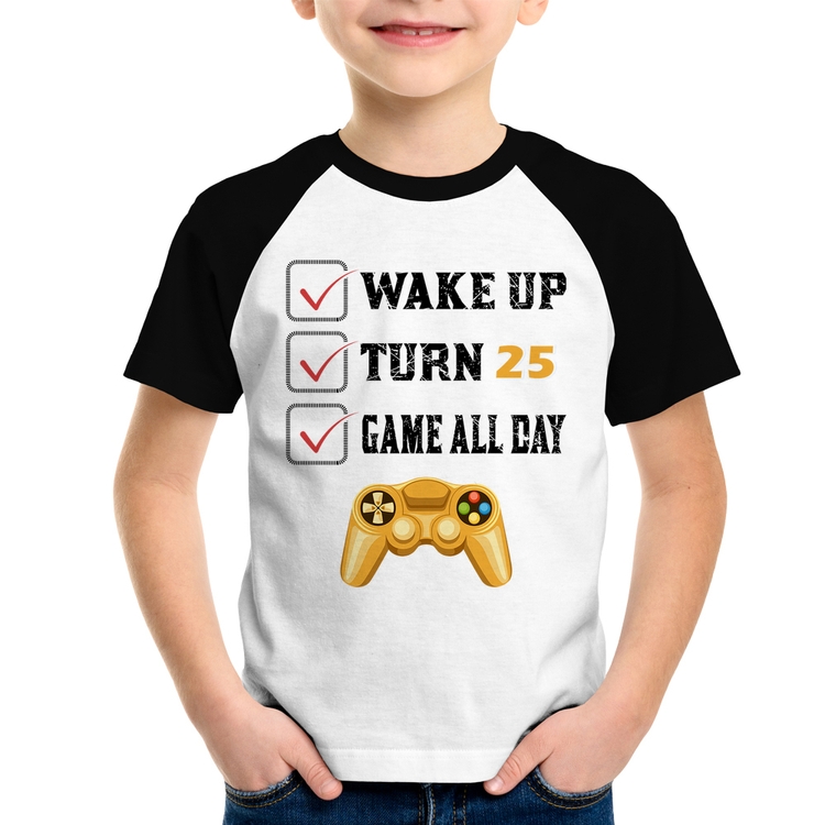Camiseta Raglan Infantil Wake Up, Turn 25, Game All Day