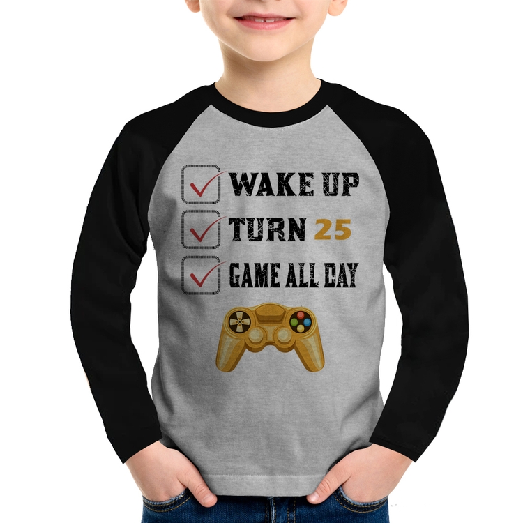 Camiseta Raglan Infantil Wake Up, Turn 25, Game All Day Manga Longa - Cinza/Preto