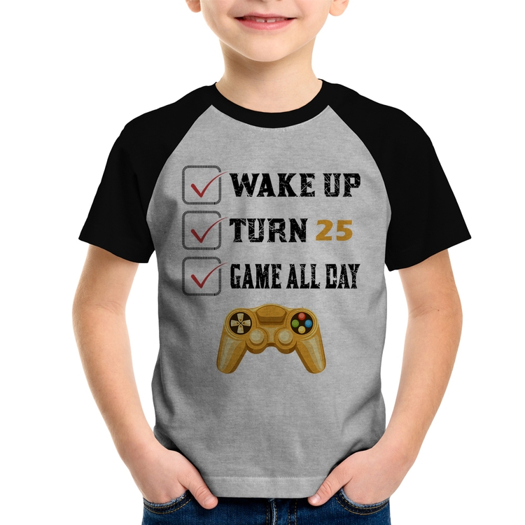 Camiseta Raglan Infantil Wake Up, Turn 25, Game All Day - Cinza/Preto