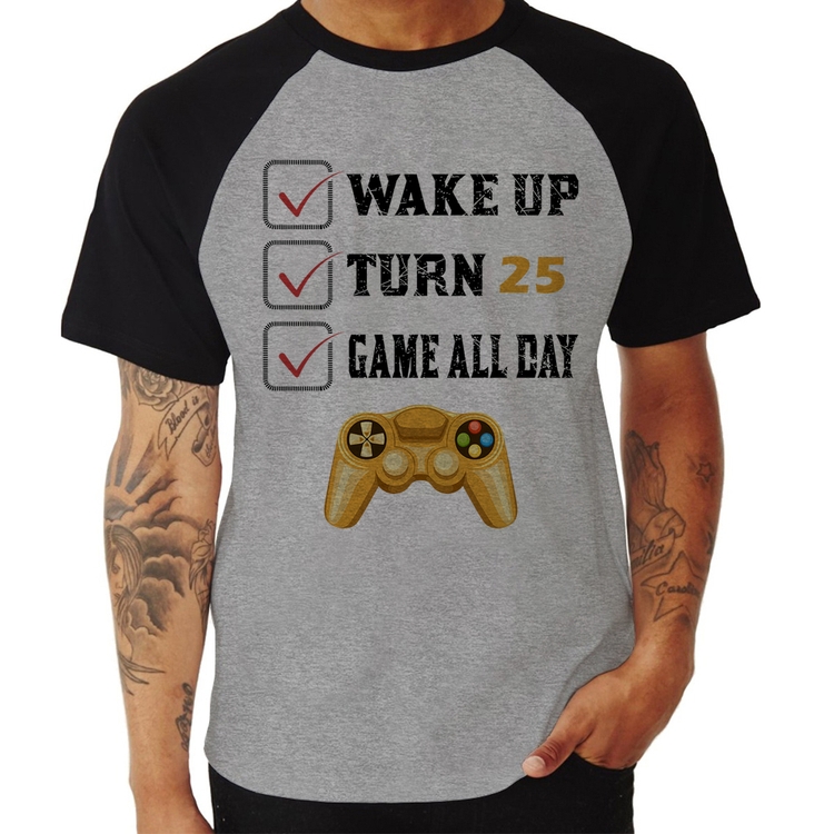Camiseta Raglan Wake Up, Turn 25, Game All Day - Cinza/Preto