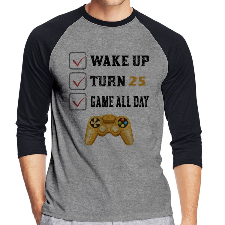 Camiseta Raglan Wake Up, Turn 25, Game All Day Manga 3/4 - Cinza/Preto