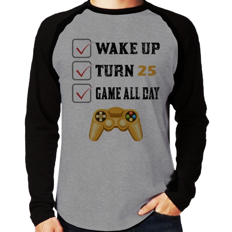 Camiseta Raglan Wake Up, Turn 25, Game All Day Manga Longa - Cinza/Preto