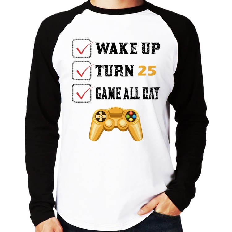 Camiseta Raglan Wake Up, Turn 25, Game All Day Manga Longa