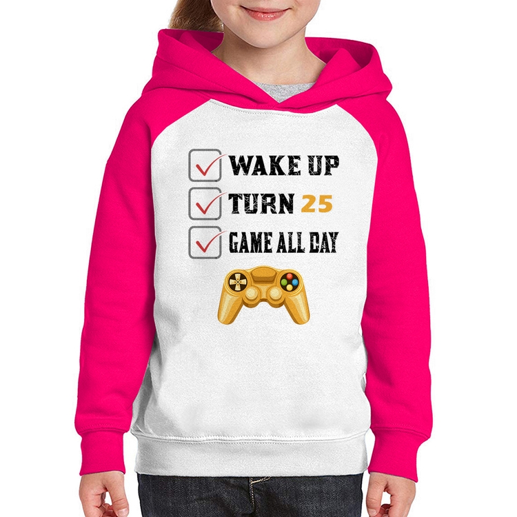 Moletom Infantil Wake Up, Turn 25, Game All Day - Branco/Rosa