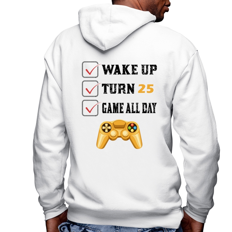 Blusa Moletom Wake Up, Turn 25, Game All Day Masculina com Capuz e Zíper - Branca