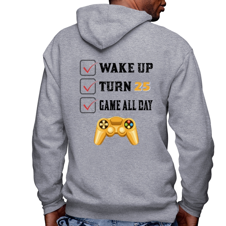 Blusa Moletom Wake Up, Turn 25, Game All Day Masculina com Capuz e Zíper - Mescla