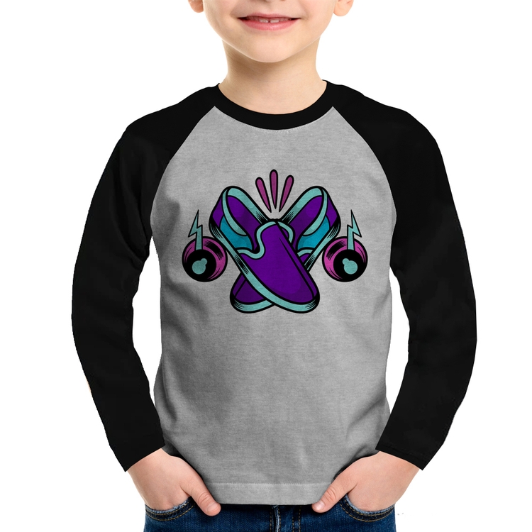 Camiseta Raglan Infantil Walk The Talk Manga Longa - Cinza/Preto