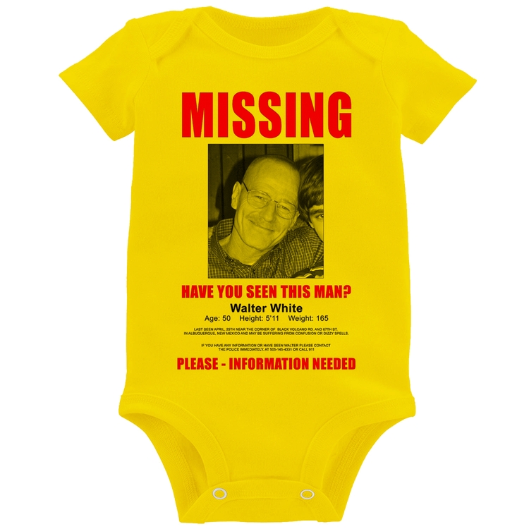 Body Bebê Walter White Missing - Amarelo