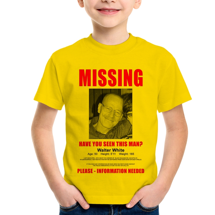Camiseta Infantil Walter White Missing - Amarela
