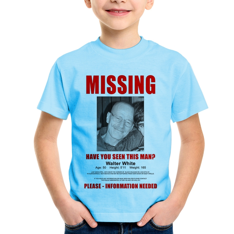 Camiseta Infantil Walter White Missing - Azul Bebê