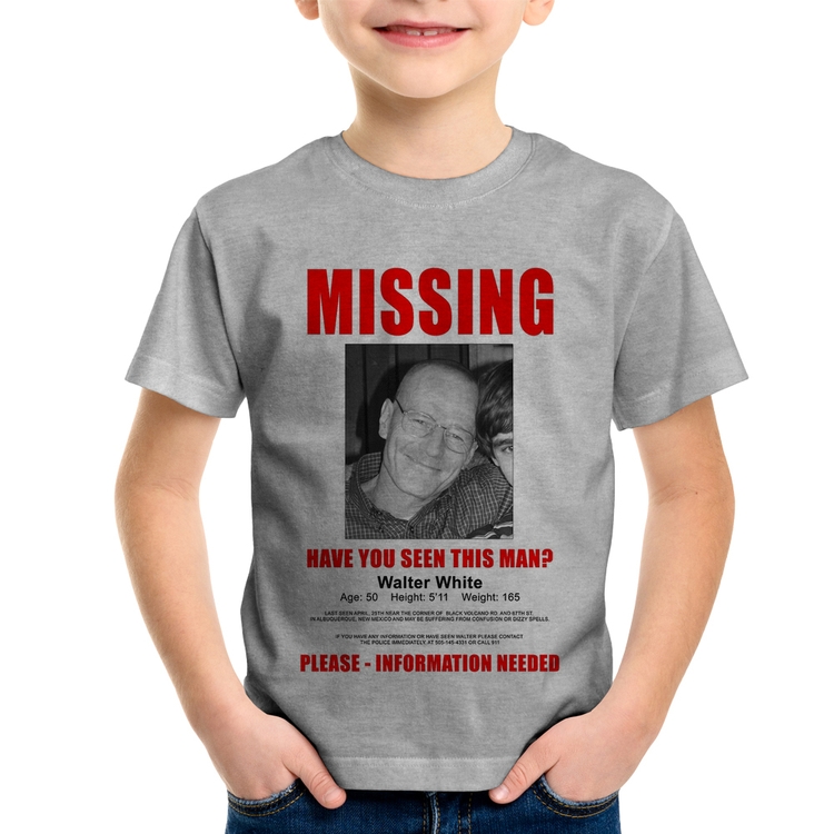 Camiseta Infantil Walter White Missing - Cinza