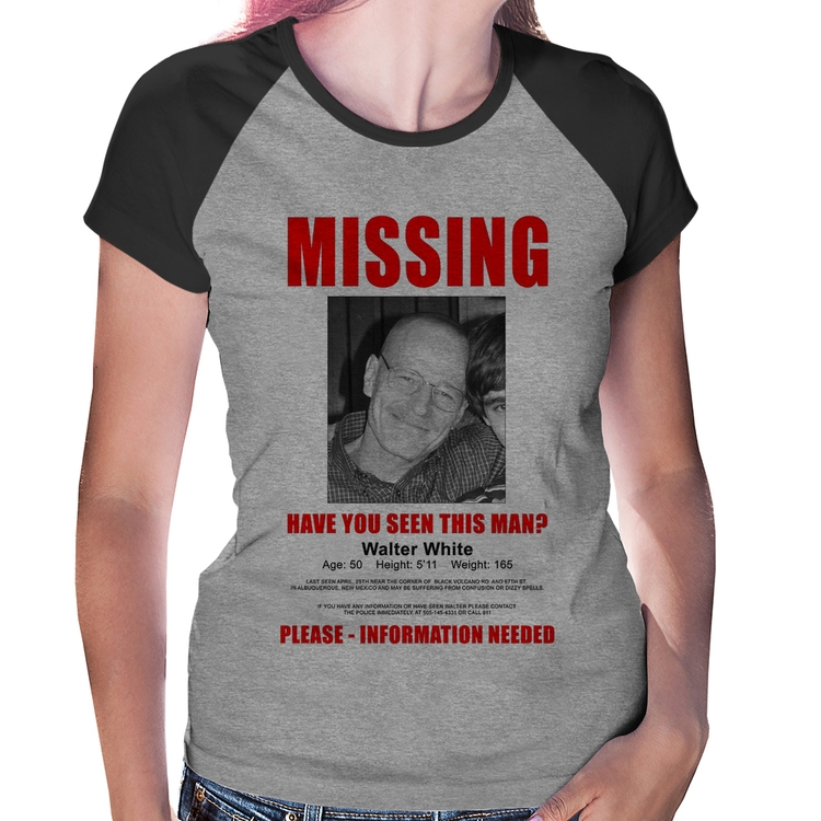 Baby Look Raglan Walter White Missing - Cinza/Preto