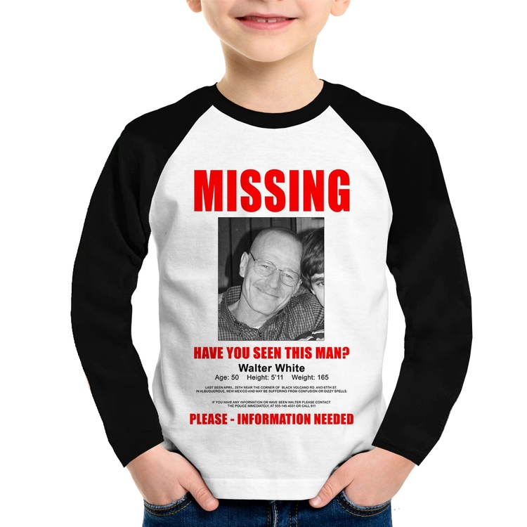 Camiseta Raglan Infantil Walter White Missing Manga Longa