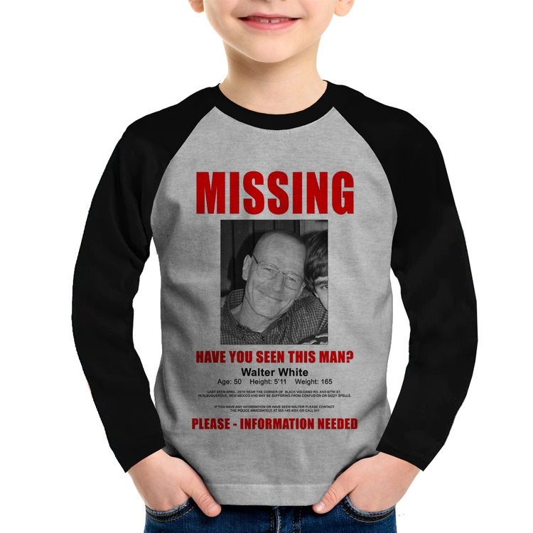 Camiseta Raglan Infantil Walter White Missing Manga Longa - Cinza/Preto