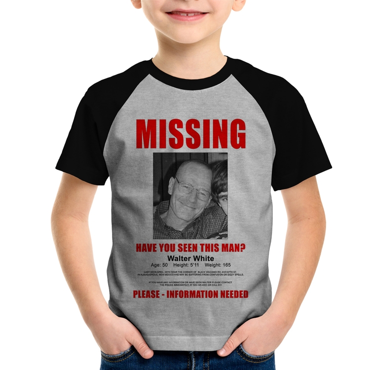 Camiseta Raglan Infantil Walter White Missing - Cinza/Preto