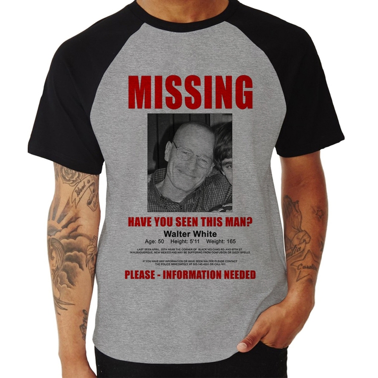 Camiseta Raglan Walter White Missing - Cinza/Preto