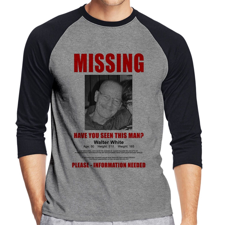Camiseta Raglan Walter White Missing Manga 3/4 - Cinza/Preto