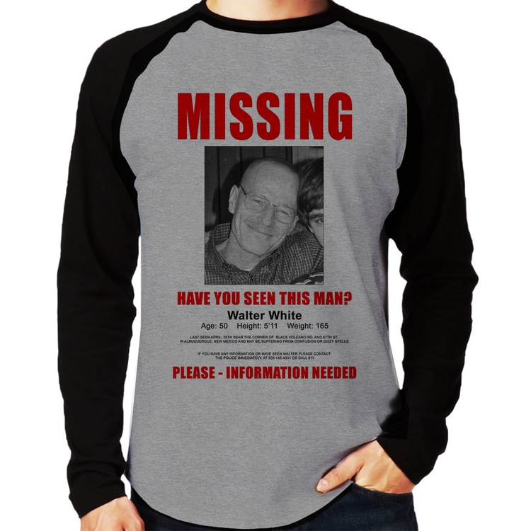 Camiseta Raglan Walter White Missing Manga Longa - Cinza/Preto