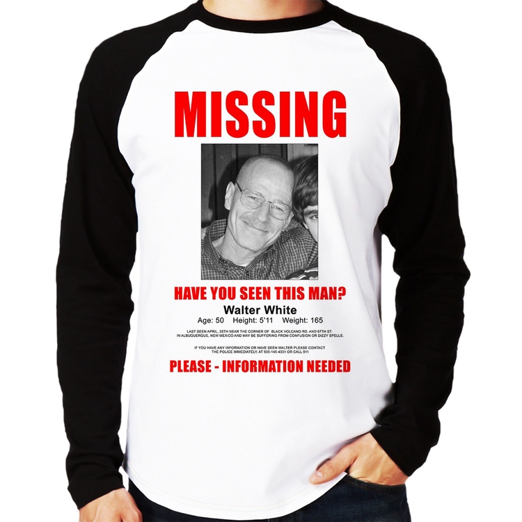 Camiseta Raglan Walter White Missing Manga Longa
