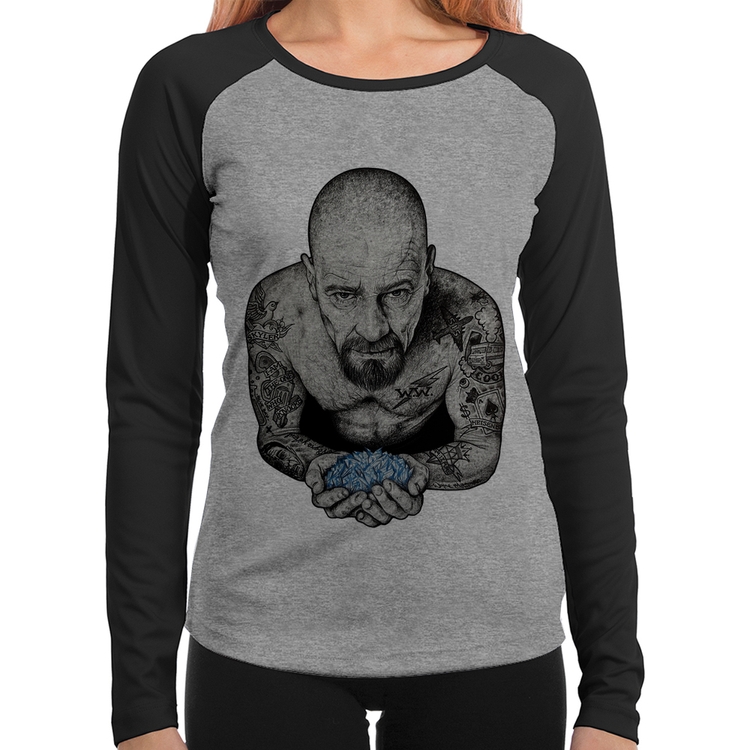 Baby Look Raglan Walter White Tattoo Heisenberg Manga Longa - Cinza/Preto