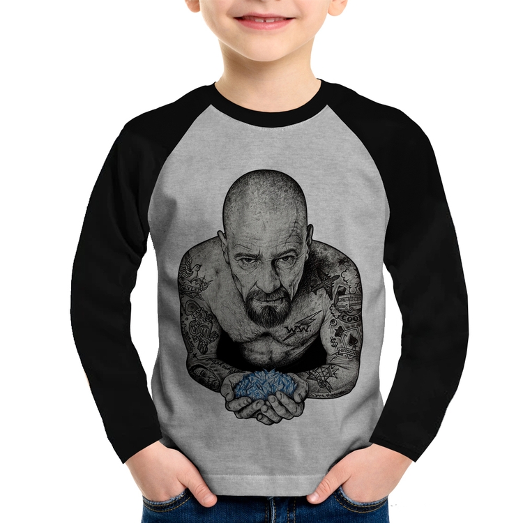 Camiseta Raglan Infantil Walter White Tattoo Heisenberg Manga Longa - Cinza/Preto