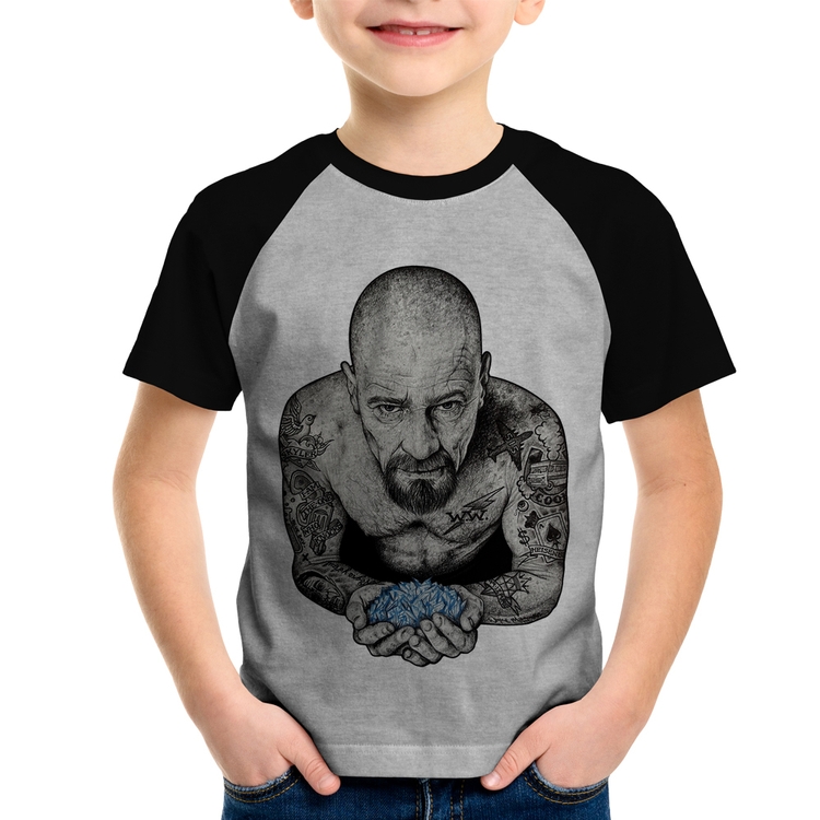 Camiseta Raglan Infantil Walter White Tattoo Heisenberg - Cinza/Preto