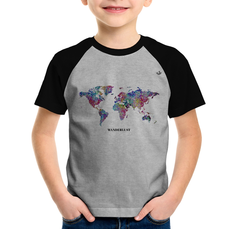 Camiseta Raglan Infantil Mapa mundi mosaico - Cinza/Preto